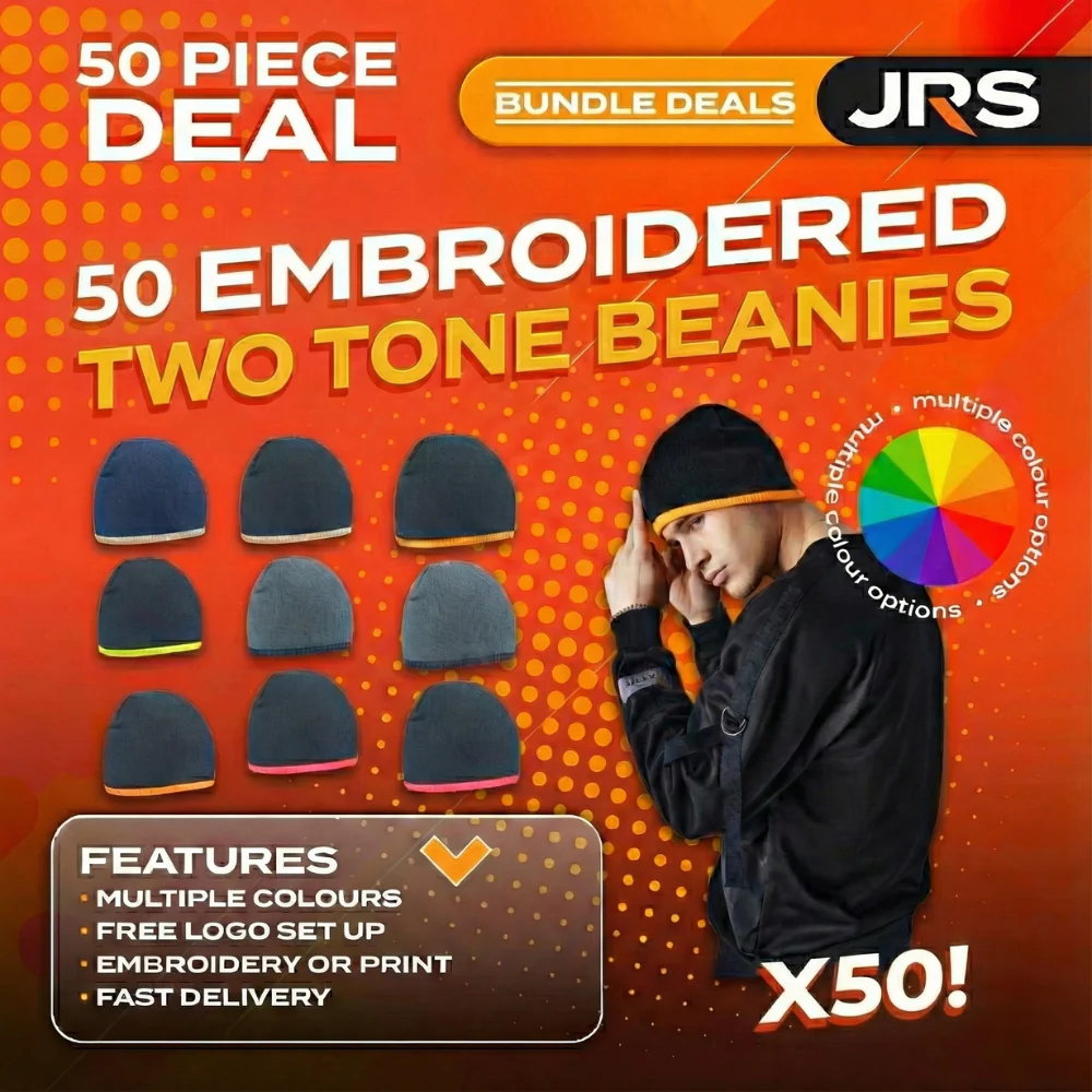 50x Two-Tone Embroidered Beanie Hats with Company Logo