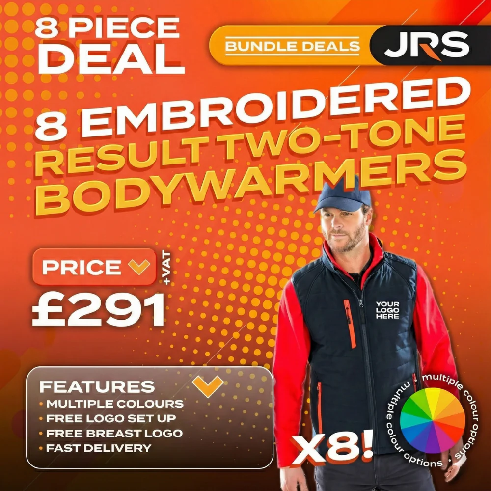8x Embroidered Result Two-Tone Bodywarmer/Gilet with Company Logo